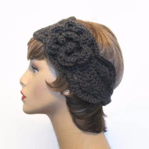 Gray Crochet Headband Charcoal knit Headband with flower Gray Ear warmer  Dark Gray Headwrap Gray Ear Warmer Gray Headwrap Charcoal Headband