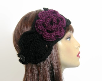 Crochet headband Black earwarmer Crochet Black Headband with Purple flower ear warmer black crochet headband Black knit Hair wrap