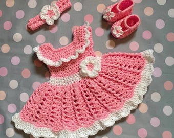 Pink Baby Girl Dress Baby Dress  Pink Crochet Baby  Dress Set Newborn  Pink Toddler Dress  Baby Girl Dress Set Baby Knit Dress and Headband