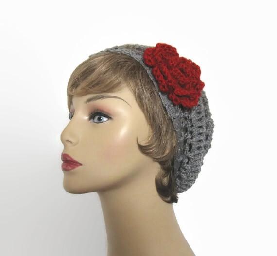 Gray Crochet Hat With Flower Gray Knit Slouch Hat Gray  display picture 2