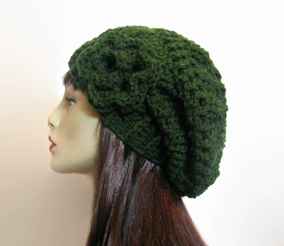 Crochet Slouchy Hat With Flower Olive Knit Slouchy Beanie 