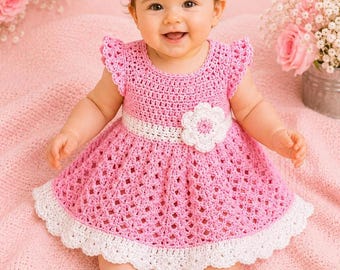 Pink Crochet Baby  Dress Set Newborn Baby Dress Toddler Dress  Baby Shower Gift Set Baby Knit Dress and Headband Baby Shower Gift