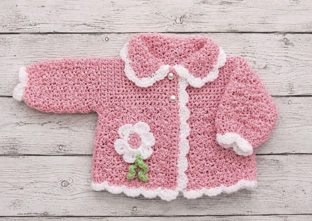 Pink Crochet Baby Sweater With Flower Knit Toddler Sweater Pink