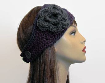 Crochet Plum Head Band with Flower Purple Headband  with Flower Eggplant knit Headband Purple Head Wrap Eggplant Ear Warmer Purple earwarmer