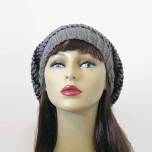 Crochet Slouchy Hat Gray Knit Beanie Gray Blue Striped Slouchy Hat Gray Beret Gray Slouchy Tam Gray Crochet women's Hat Gray Beanie Knit Tam image 2