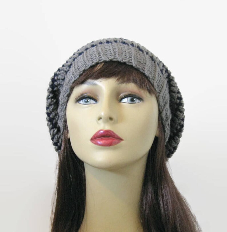 Crochet Slouchy Hat Gray Knit Beanie Gray Blue Striped Slouchy Hat Gray Beret Gray Slouchy Tam Gray Crochet women's Hat Gray Beanie Knit Tam image 2