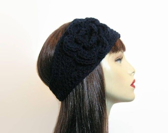 Crochet Headband with Flower  Crochet Earwarmer Navy Blue Head Band Dark Blue Earwarmer Blue Ear warmer Blue Headwrap  blue knit headband