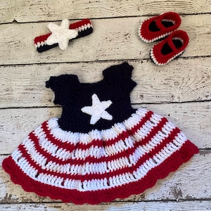 July 4 Crochet Baby Dress Newborn Knit Baby Clothes Crochet  Toddler American Flag Dress Baby girl  dress set Independence Day dress