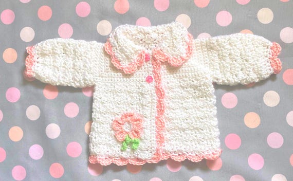White Crochet Baby Sweater With Flower Knit Toddler Sweater White