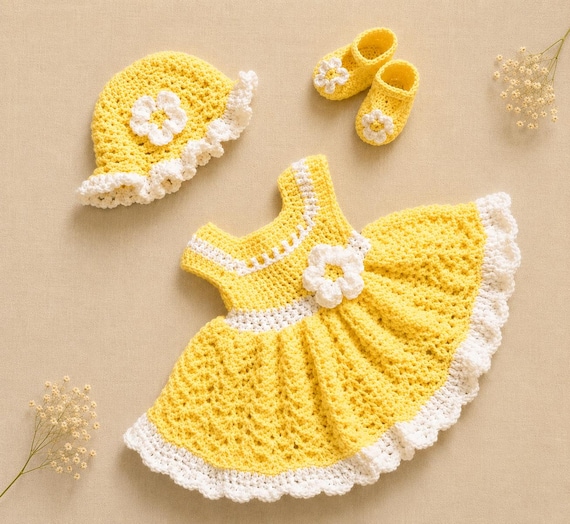Yellow Baby Knit Dress Crochet Baby Dress Baby Dress Set Newborn Toddler Dress Baby Shower Gift Set and Hat and Shoes Crochet Baby girl