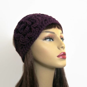 Purple Crochet Headband with Flower Plum Head Band Purple knit Earwarmer Head Band Purple Crochet Earwarmer with Flower Eggplant Ear Warmer image 5