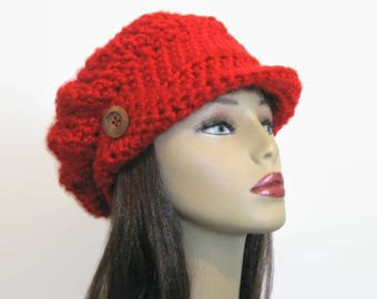 Red News boy cap Red Crochet Slouchy Newsboy crochet newsboy Fire Engine Red newsboy Cap with Visor Knit Newsboy Red crochet hat with visor