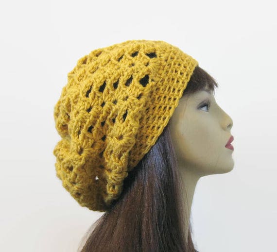 Crochet Slouchy Mustard Hat Gold Crochet Women
