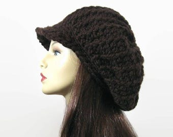 Brown Slouch Newsboy Hat Crochet Dreadlocks Hat with visor  Dark Brown knit Hat with Brim Slouchy oversized newsboy hat Adult newsboy cap