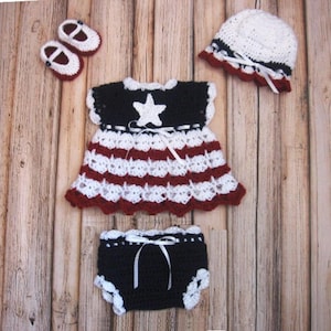 July 4 Crochet Knit Baby Dress Newborn Baby Clothes Crochet Layette Set Diaper Dress Set Baby Girl American Flag Dress Baby girl  dress set