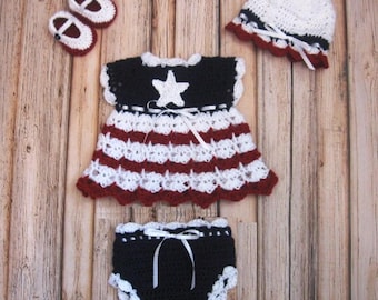 July 4 Crochet Knit Baby Dress Newborn Baby Clothes Crochet Layette Set Diaper Dress Set Baby Girl American Flag Dress Baby girl  dress set