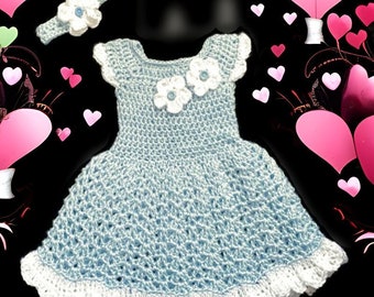 Blue Crochet Baby Girl Dress Set Newborn Baby Dress Blue Baby Outfit Toddler Dress Knit Dress and Headband Light Blue White Baby Girl Dress