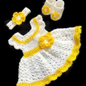 White Crochet Baby Dress Set Newborn Baby Girl Dress White and Yellow Baby Outfit Baby Knit Dress and Headband Toddler Dress