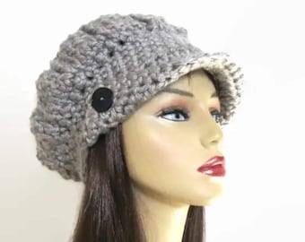 Grey Newsboy Hat Adult Gray Knit Newsboy Light Grey Newsboy Crochet Gray Hat with Visor Silver Hat with Visor Gray Slouch News Boy Hat