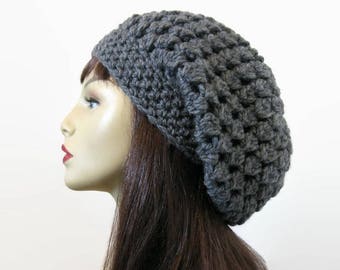 Charcoal Slouchy Hat Slouch Beanie Gray Crochet Slouchy Hat  Dark Gray Beret crochet women's hat Gray Beanie Crochet Tam Slouch Gray Cap