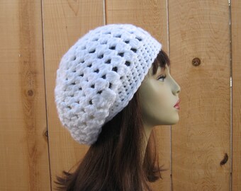 White Slouchy Hat White Slouch Beanie Popcorn Beret  Slouchy Tam  Popcorn Stitch  knit Hat Puff Beanie Crochet Women's hat White slouchy cap