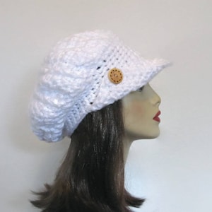 Crochet Slouchy Newsboy  Knit News boy White Hat with Visor Cap with Brim Cap Adult White newsboy White Beret with Visor white Crochet Cap
