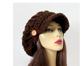 Brown Slouch Newsboy Hat with buttons Crochet Dreadlocks Hat with visor Brown knit Hat with Brim Slouchy oversized newsboy hat Adult newsboy