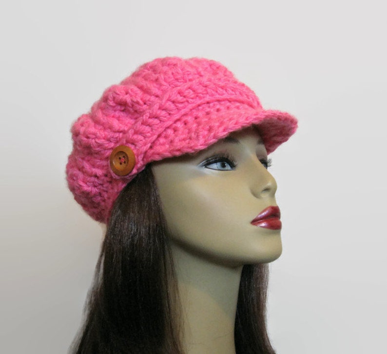 Pink Newsboy Crochet Newsboy Hat Bright Pink Hat with Visor Adult Newsboy Pink Cap Crochet Newsboy knit Cap with Buttons image 3