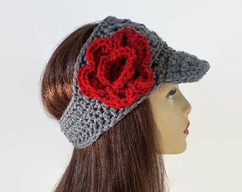 Diadema gris con visera Visera color carbón Calentador de orejas grueso con flor Diadema gruesa Tejido color carbón Diadema gruesa de ganchillo Pañuelo color carbón