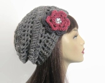 Gray Slouch Hat With Flower Grey Knit Hat grey tweed Beanie Crochet women's hat Gray Tweed Cap Slouch Beret Charcoal  Beanie  Gray Tweed Tam