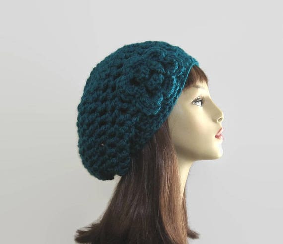 Crochet Handmade Green And Teal Slouchy Beanie Handmade Green Crocheted Slouchy Beanie, Pom Pom Winter Hat  main image 3