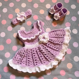 Baby Dress Set Purple Crochet Baby Dress Newborn Toddler Dress Baby Knit Dress and headband and Shoes Lilac Baby Dress