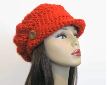 Red News boy cap Red Crochet Slouchy Newsboy crochet newsboy Fire Engine Red newsboy Cap with Visor Knit Newsboy Red crochet hat with visor