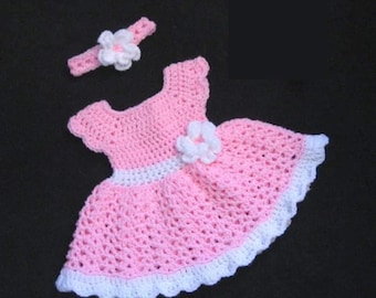Crochet Baby Shower Gift Pink Baby Dress Set Newborn Baby Dress Toddler Dress  Set Pink Baby Knit Dress and Headband Pink Baby Shower Gift
