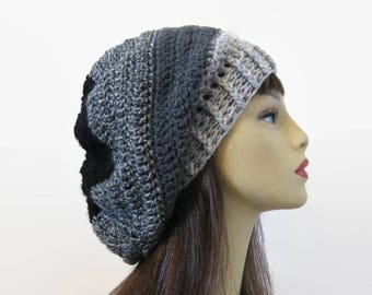 Crochet Slouchy Hat Slouch Charcoal Beanie Gray Striped Hat Charcoal Slouchy Hat crochet women's hat Multicolored  Gray Knit  slouch Beanie