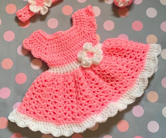 Baby Dress Pink Crochet Baby Dress Set Newborn Pink Toddler Dress Baby Girl  Dress Set Baby Knit Dress and Headband Pink Baby Girl Dress