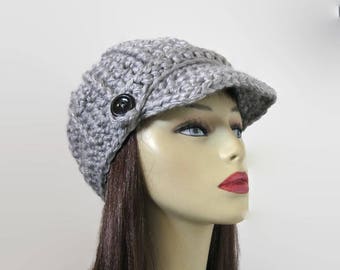 Crochet Newsboy Hat Adult Gray Cap with Visor light gray Hat with Visor Knit Hat Gray Adult Hat with Brim Gray Hat with visor Gray Newsboy