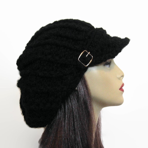 Black Crochet newsboy hat with buckle dreadlocks hat Black rasta hat Black Slouchy Newsboy Hat black knit Cap with Visor Adult Newsboy Cap