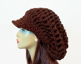 Dark Brown knit Hat Brown Slouch Newsboy Hat Crochet Dreadlocks Hat with visor   with Brim Slouchy oversized newsboy hat Adult newsboy cap