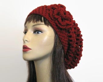 Maroon Slouch Beanie with Flower Crochet Beanie Red Slouchy Beanie Red Hat Maroon Knit Beanie crochet women's hat Dark Red Slouchy Beret