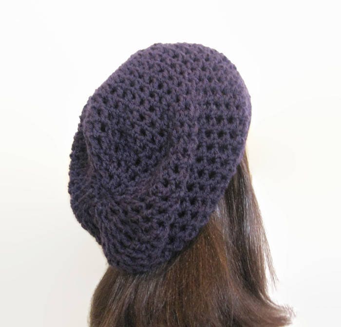 Women\'s Crochet Knitted Style Beanie Slouchy Hat Dark Purple Womens Purple Crochet Slouch Beanie, Ruffle Brim - Etsy main image 2