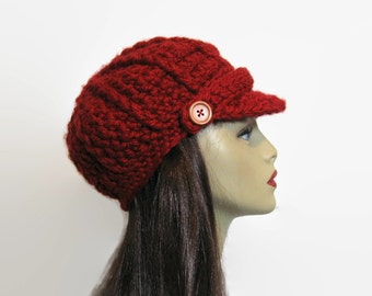 Red Newsboy Hat Crochet  Dark Red news boy Hat with brim Dark Red Hat with Visor Hat Knit Maroon newsboy cap adult newsboy hat womens  hat