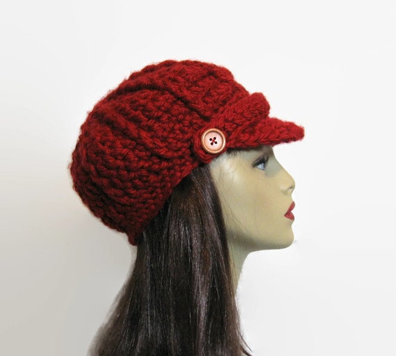 Red Newsboy Hat Crochet Dark Red news boy Hat with brim Dark Etsy