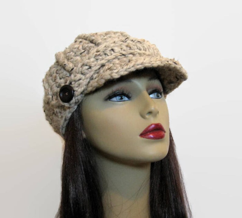 Crochet Newsboy Hat Crochet Hat with Visor Adult Oatmeal Newsboy Knit Hat Beige Beanie Cream Crochet Hat with Visor Tweed Newsboy Cream Hat image 2