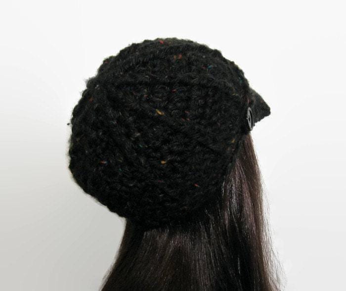帽子 PERVERZE Crochet Knit Hat / Black Crochet Newsboy Hat Black Tweed Knit Newsboy Black Tweed Beanie