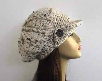 Slouch Newsboy Hat oatmeal Newsboy Cap Oatmeal News boy knit Cream Slouch Cap Cream Hat with Visor Beige Crochet Cap with Visor Oatmeal Hat