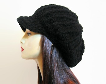 Black Crochet newsboy hat dreadlocks hat Black rasta hat crochet newsboy Cap Slouchy Newsboy Hat black knit Cap with Visor Adult Newsboy Cap