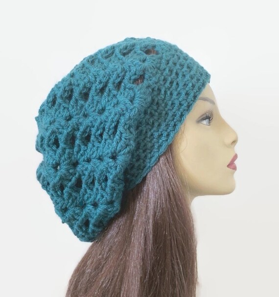 Blue Slouchy Hat Teal Slouch Beanie Teal Crochet Hat Crochet  display picture 2