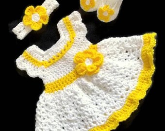 White Crochet Baby Dress Set Newborn Baby Shower Gift White and Yellow Baby Outfit Baby Knit Dress and Headband Toddler Dress