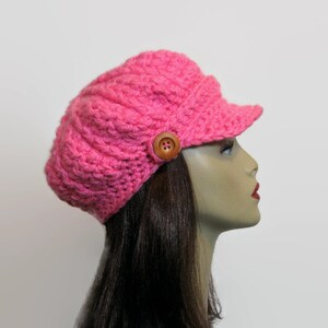 Pink Newsboy Crochet Newsboy Hat Bright Pink Hat with Visor Adult Newsboy Pink Cap Crochet Newsboy knit Cap with Buttons image 2